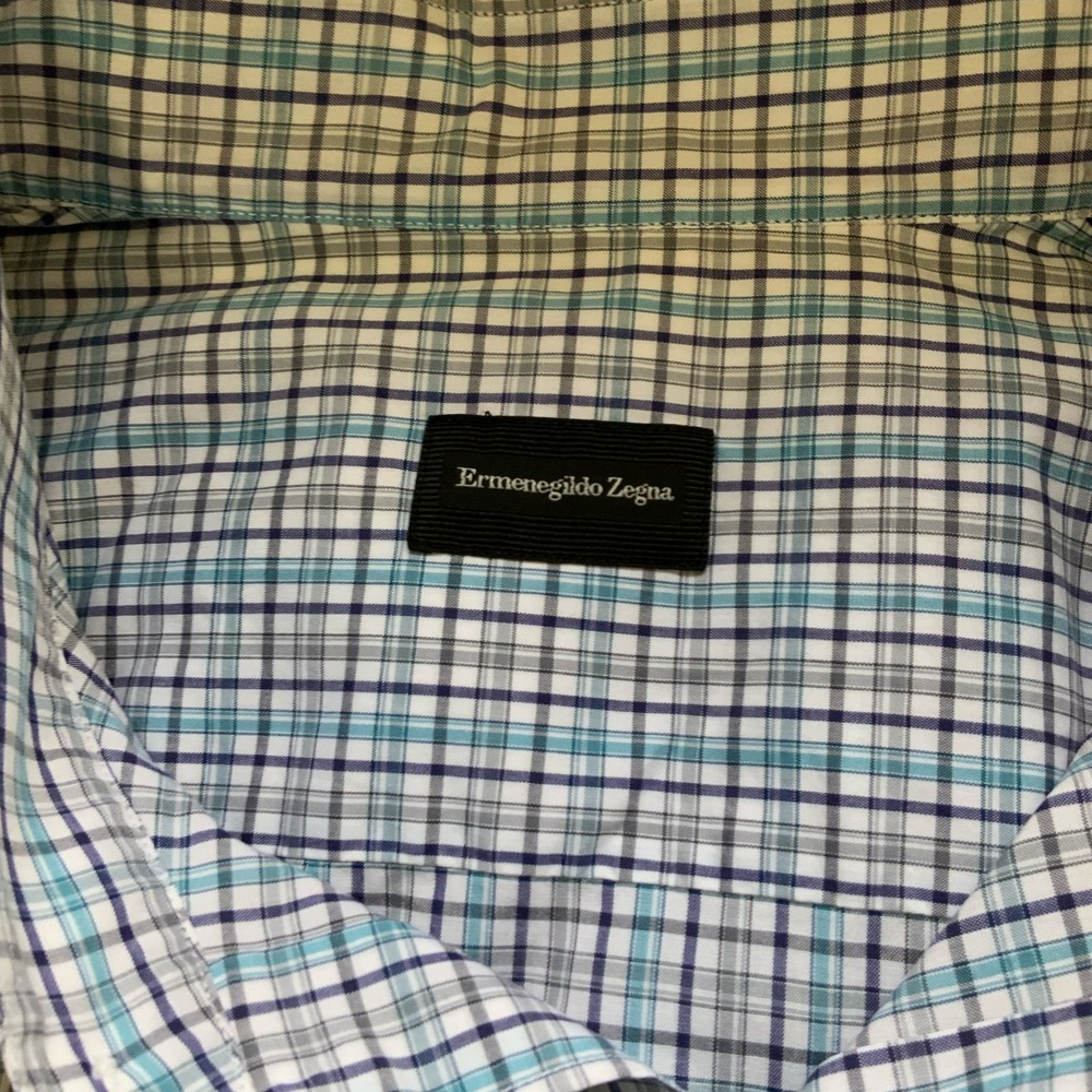 Ermenegildo Zegna White Green Blue Gray Checked Button Up Shirt sz XL EUC